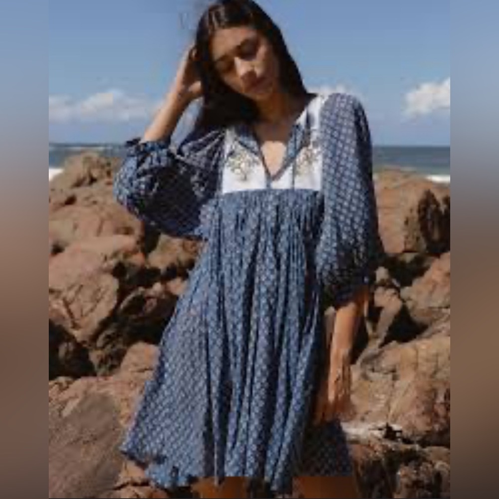 Daughters of India Blue Printed Mini Dress with White Yoke